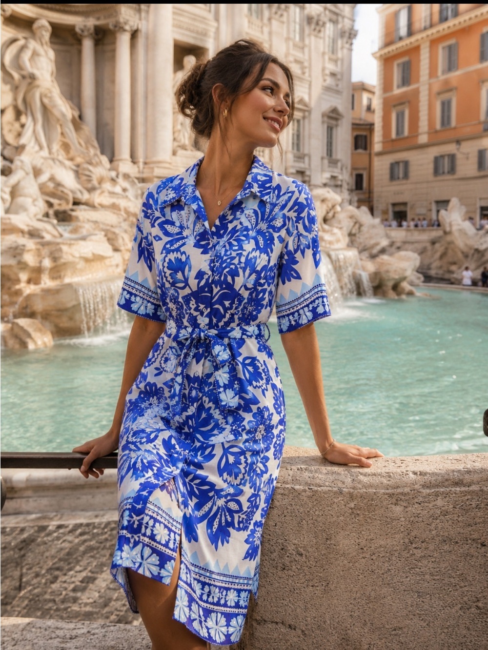 Blue & White Floral Midi Shirt Dress with Tie Waist